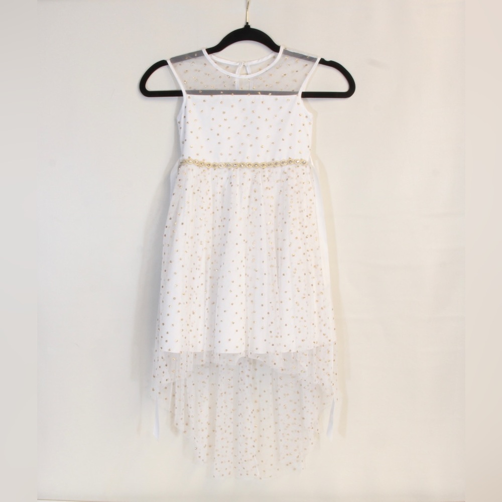 Rare Editions White Girl's Formal Hi-Lo Dress w/ Gold Metallic Dots Size 5